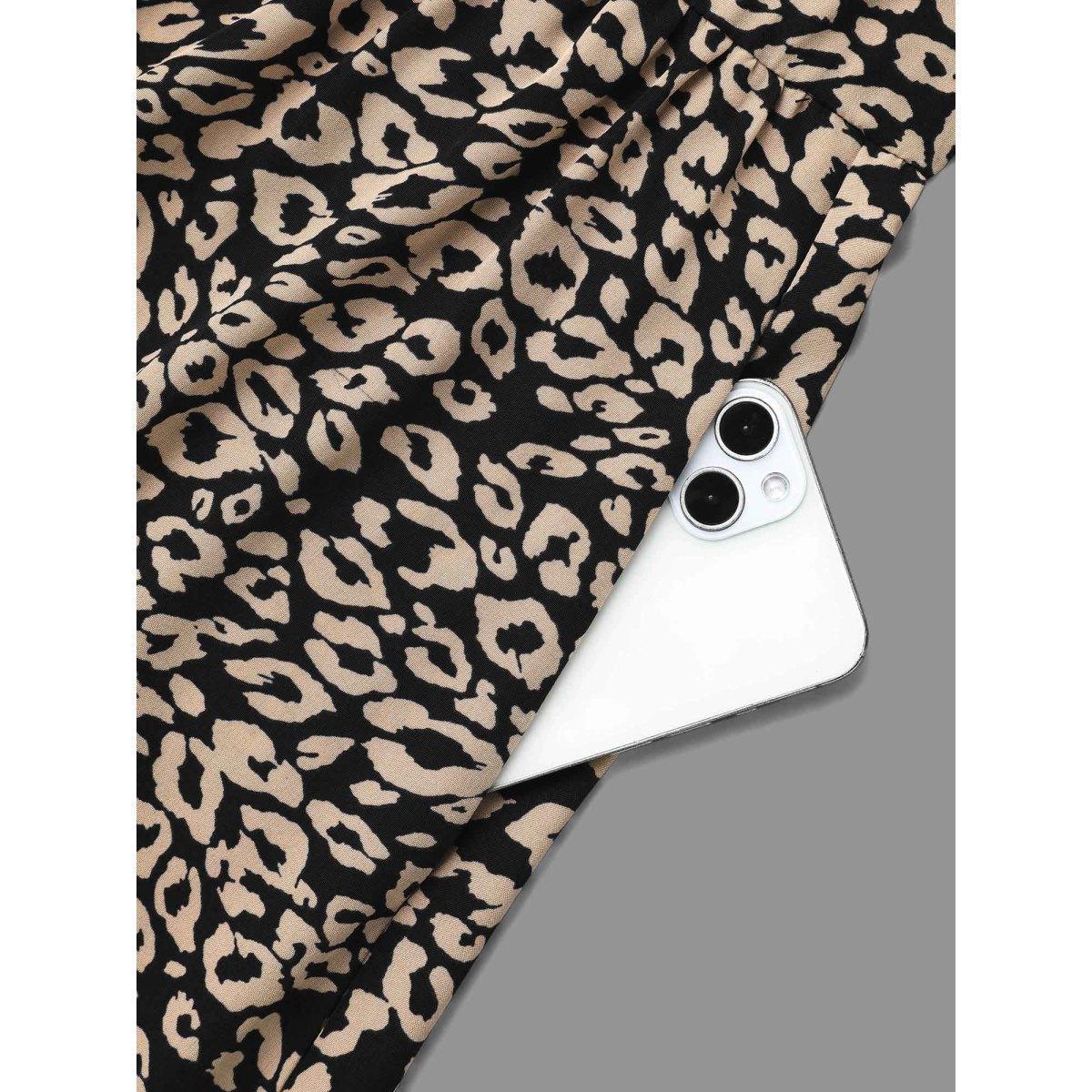 Plus Size Leopard Print Tiered Hem Pockets Midi Dress BlackFlower Women Elegant Tie knot V-neck Long Sleeve Curvy BloomChic 12/L Product Image
