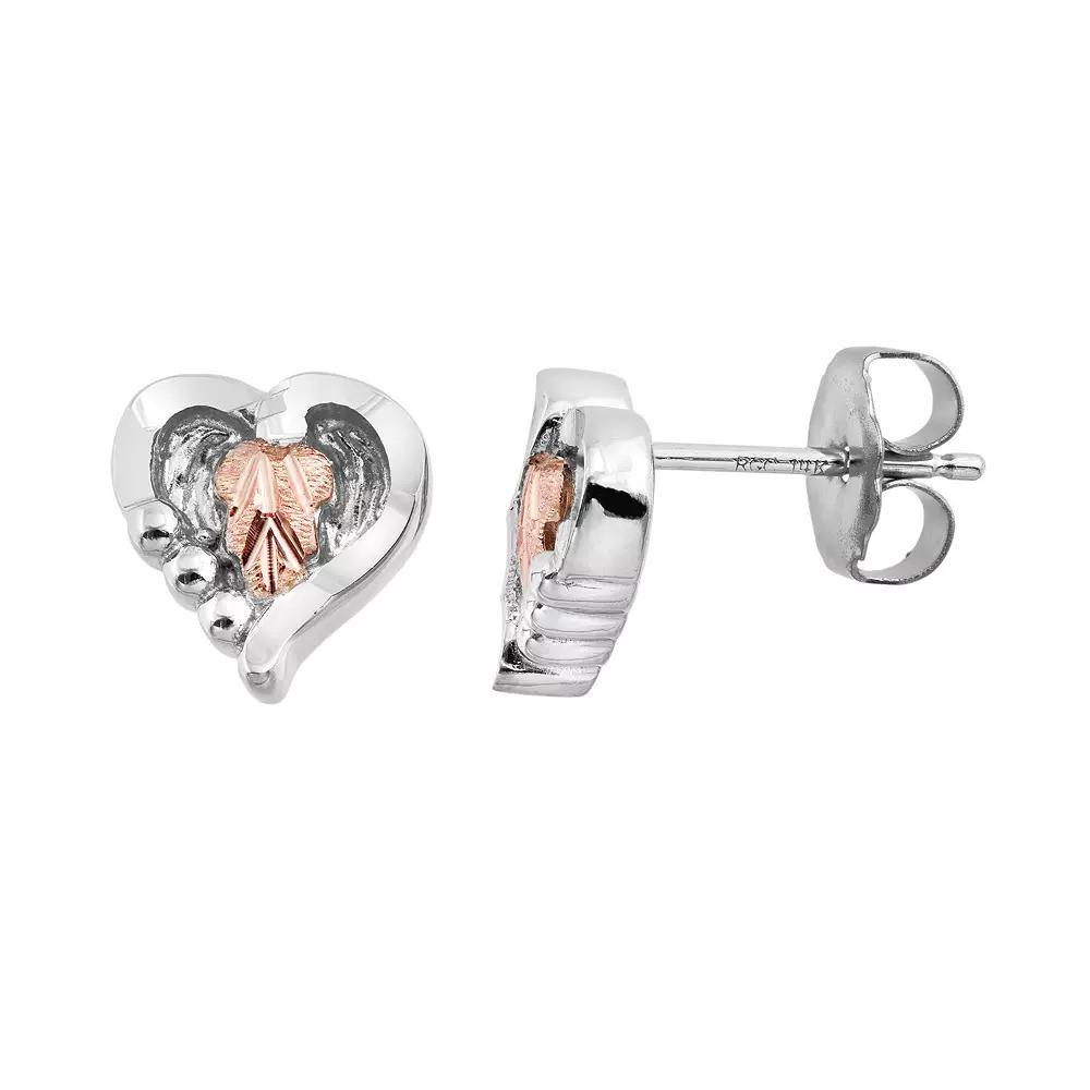 Black Hills Gold Two Tone Leaf Heart Stud Earrings in Sterling Silver, Women's Product Image