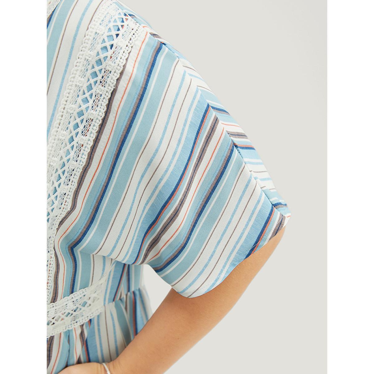 Plus Size Striped Contrast Pocket Lace Batwing Sleeve Midi Dress Blue Women Vacation Patchwork V-neck Short sleeve Curvy Midi Dress BloomChic 28/5X Product Image
