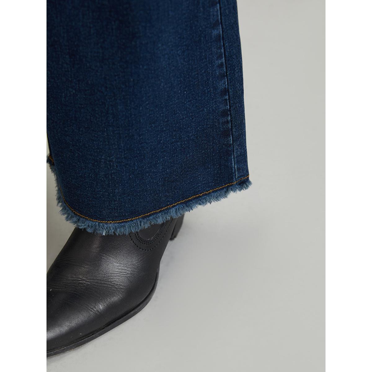 Plus Size Frayed Hem Flare Leg Button Down Jeans Women DarkBlue Casual Plain Plain High stretch Pocket Jeans BloomChic 18/2X Product Image