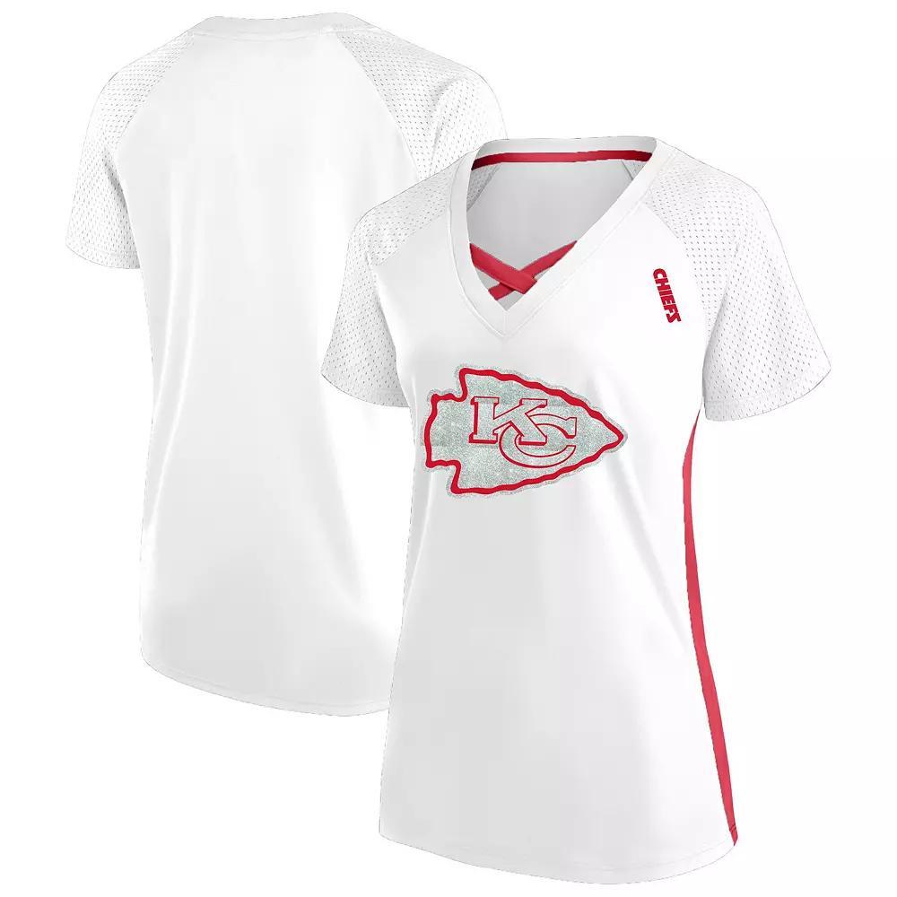 Women's Fanatics  White Kansas City Chiefs Plus Size Glitter Lace-Up V- Neck T-Shirt, Size: 4XL Product Image