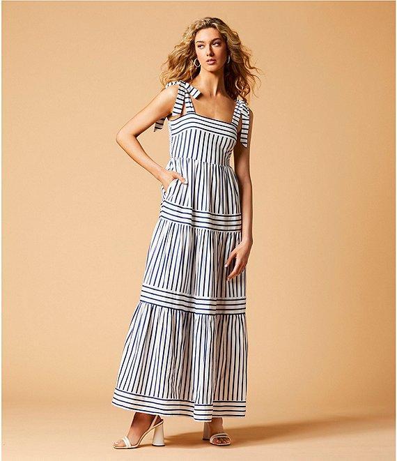 A Loves A Striped Sleeveless Tie Shoulder Smocked Back Tiered Maxi Dress Product Image