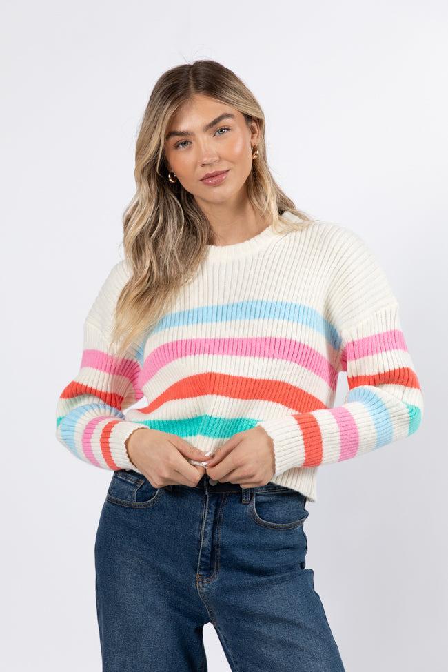 I'm Just Thinking Multi Color Stripe Hem Crew Neck Sweater FINAL SALE Product Image