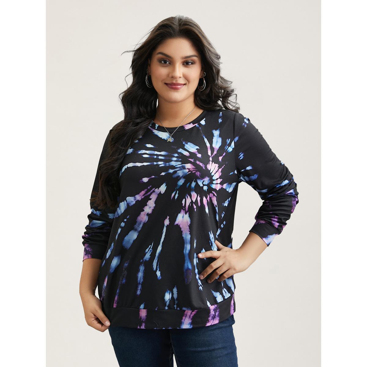 Plus Size Tie-Dye Stretchy Crew Neck Sweatshirt Women Black Casual Contrast Round Neck Everyday Sweatshirts BloomChic 10/M Product Image