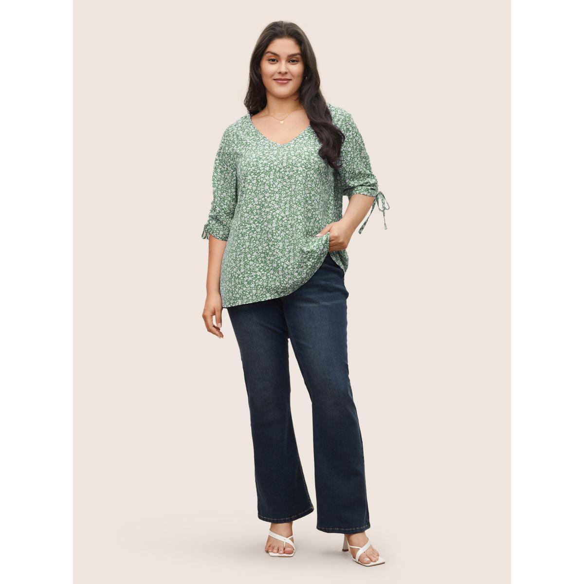 Plus Size Mint Ditsy Floral Knot Ties Sleeve Blouse Women Elegant Elbow-length sleeve V-neck Everyday Blouses BloomChic 14-16/1X Product Image