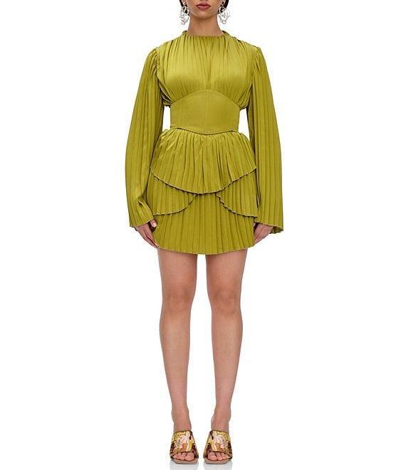 Andrea Iyamah Lenti Pleated Satin Round Neck Long Sleeve Corset Mini Dress Product Image