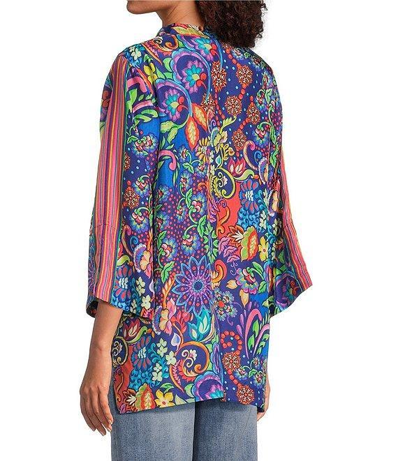 JOHNNY WAS Yuri Mod Floral Print Silk Banded Collar 3/4 Sleeve Five-Button Half-Placket Tunic Product Image