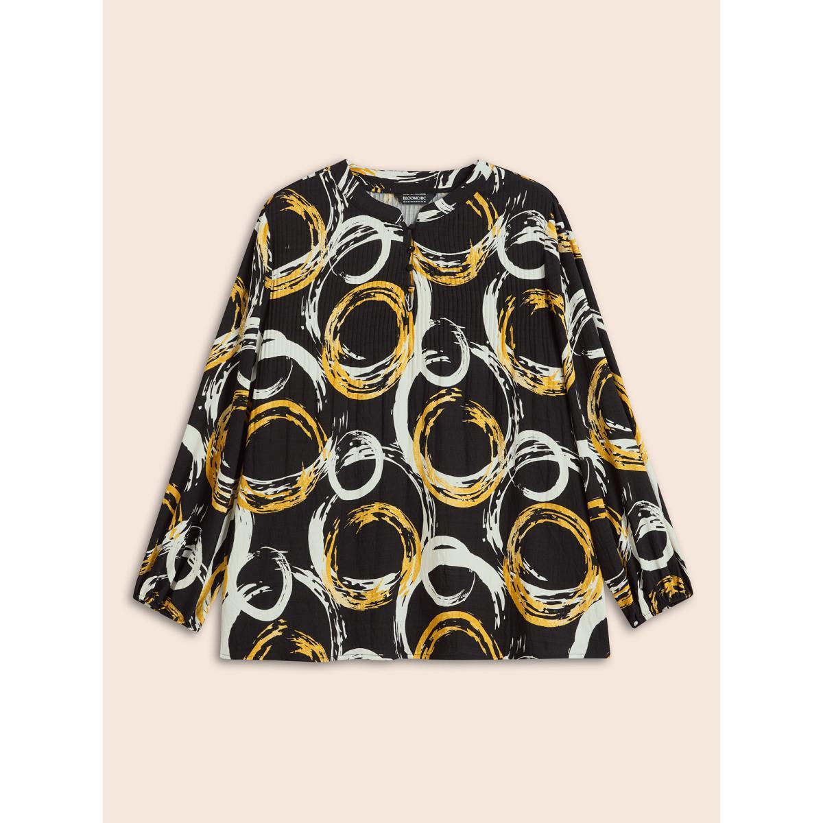 Plus Size BlackFlower Brush Print Pleated Lantern Sleeve Blouse Women At the Office Long Sleeve V-neck Work Blouses BloomChic 18-20/2X Product Image