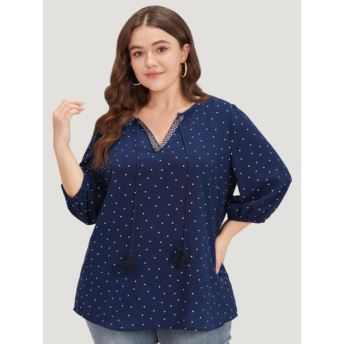 Plus Size Indigo Polka Dot Tassels Ties Elastic Cuffs Blouse Women Vacation Elbow-length sleeve V-neck Vacation Blouses BloomChic 28/5X Product Image