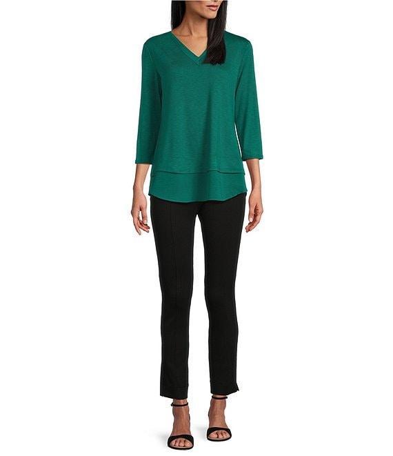 Slim Factor by Investments Chloe V-Neck 3/4 Sleeve Mixed Media Top Product Image