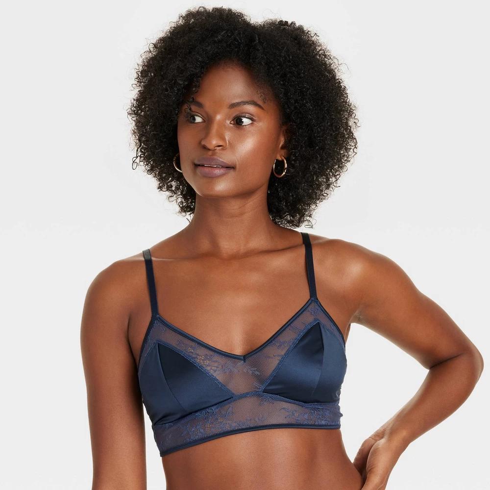 Womens Satin and Lace Longline Bralette - Auden Smart Blue XXL: Adjustable Strap, Lightly Lined Cup Product Image