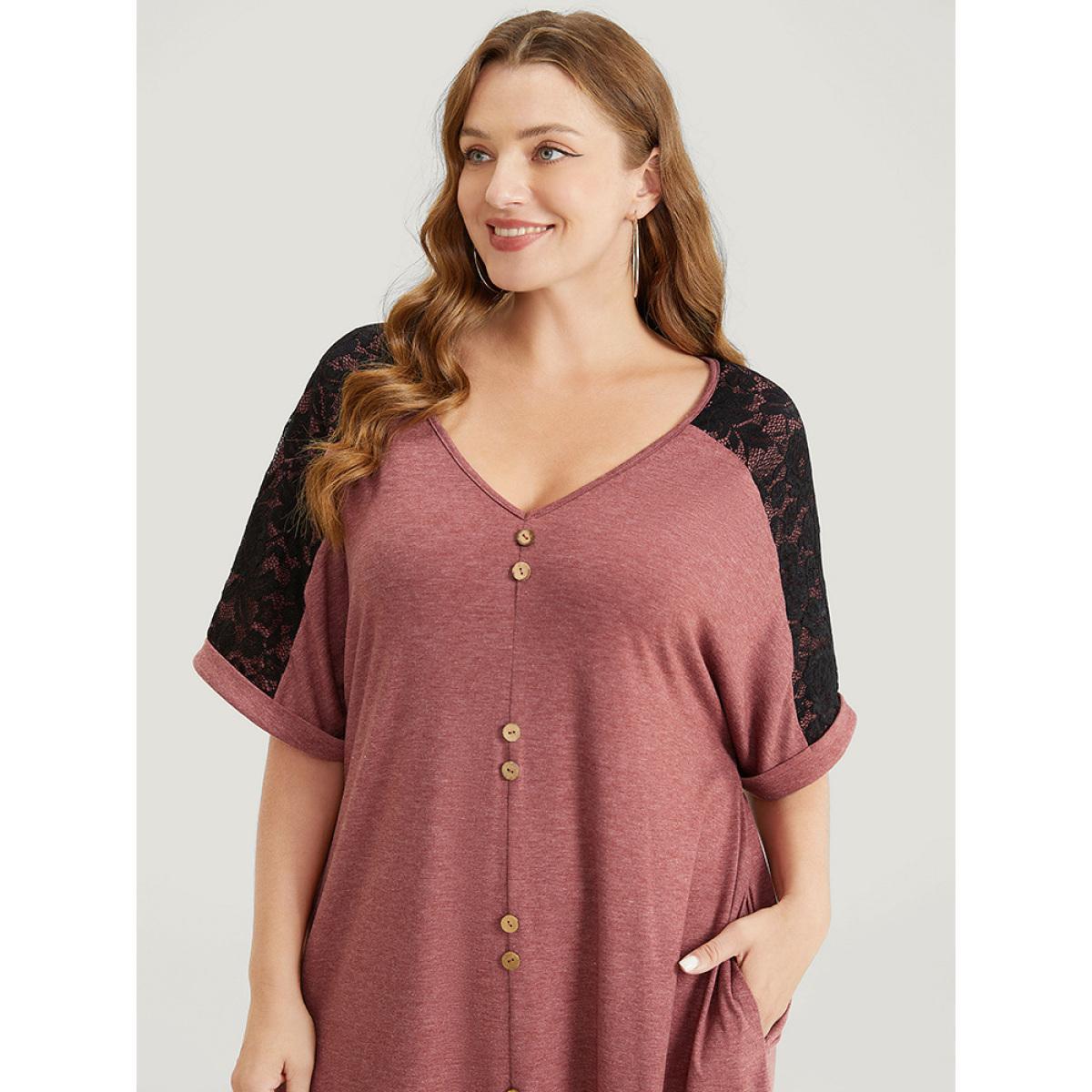 Plus Size Plain Lace Patchwork Button Detail Pocket Dress DustyPink Women Casual Patchwork V-neck Short sleeve Curvy Knee Dress BloomChic 30/6X Product Image