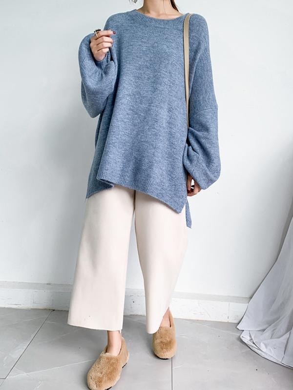 Stretch Mohair-Blend Balloon Sleeves Loose Solid Round-Neck Sweater Tops Product Image