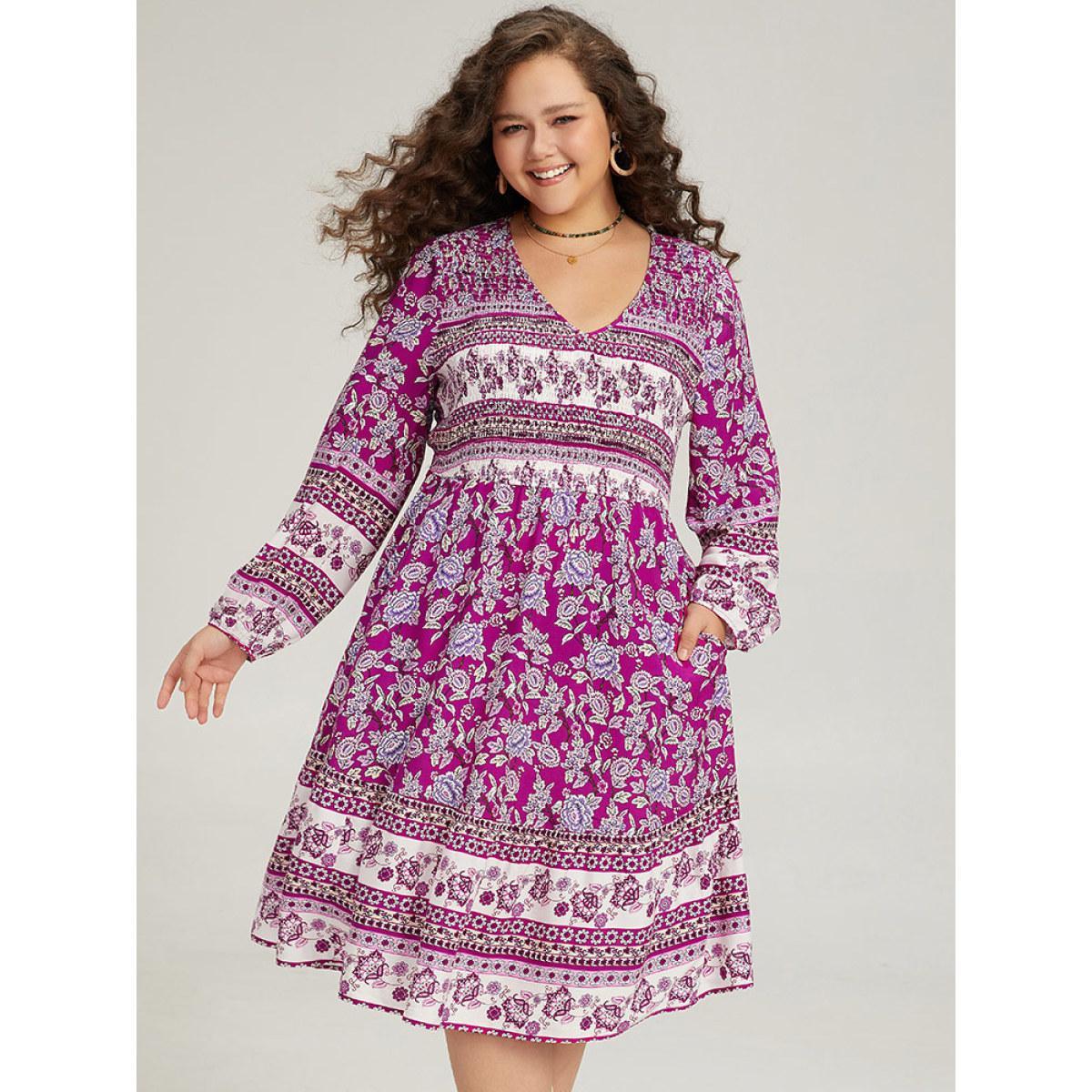 Plus Size Bandana Print Pocket V Neck Shirred Dress Purple Women Vacation Elastic cuffs V-neck Long Sleeve Curvy Midi Dress BloomChic 18-20/2X Product Image