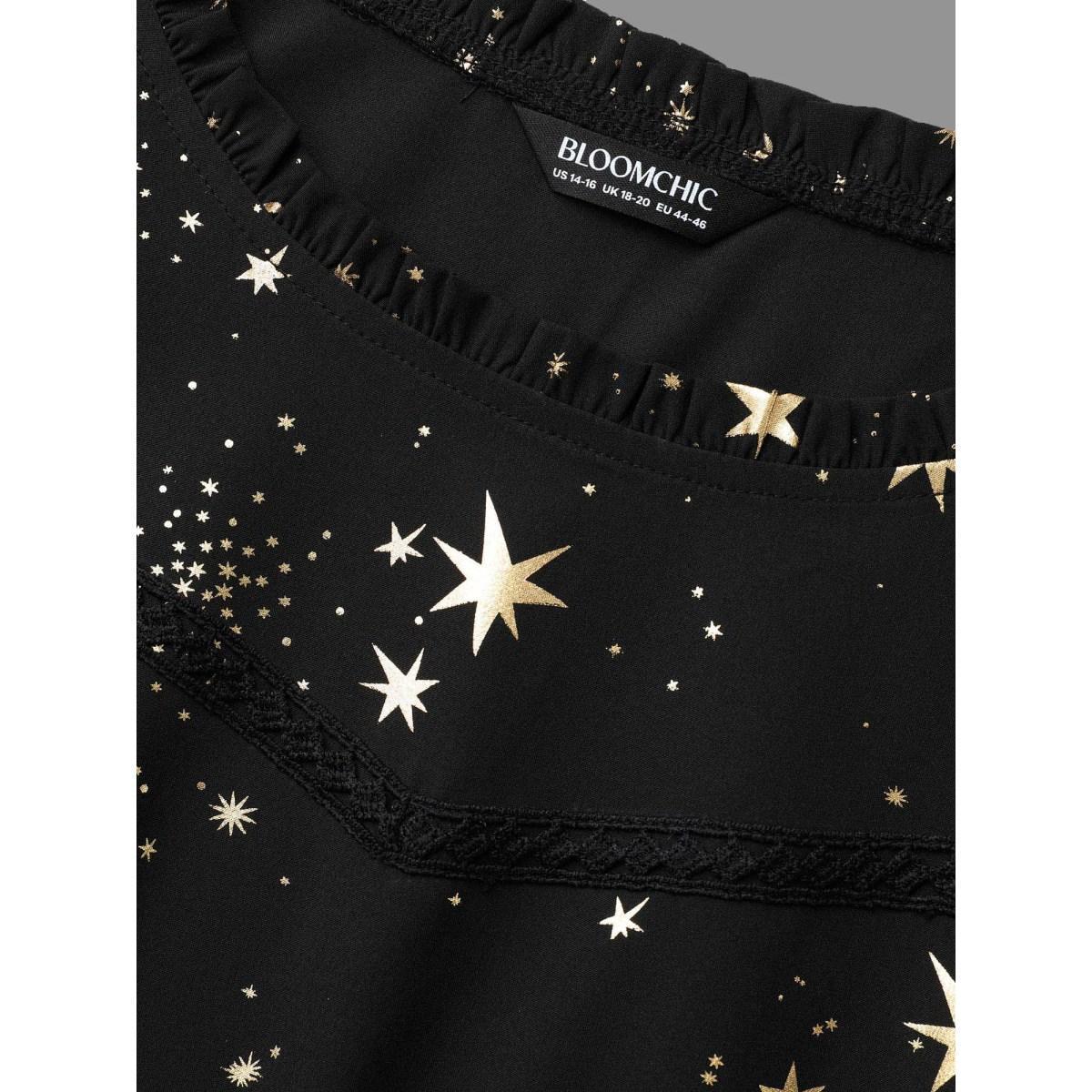 Plus Size Star Printed Lace Neckline Midi Dress Black Women Cocktail Frill Trim Party Curvy Bloomchic 12/L Product Image