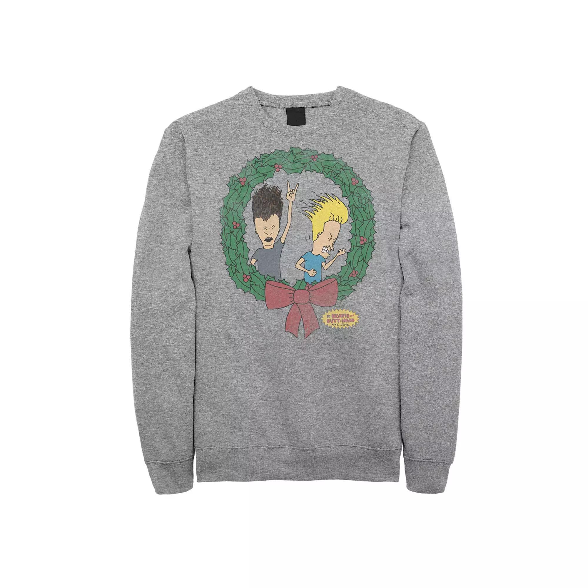 Men's Beavis And Butthead Christmas Wreath Fleece, Size: XL, Athletic Grey Product Image