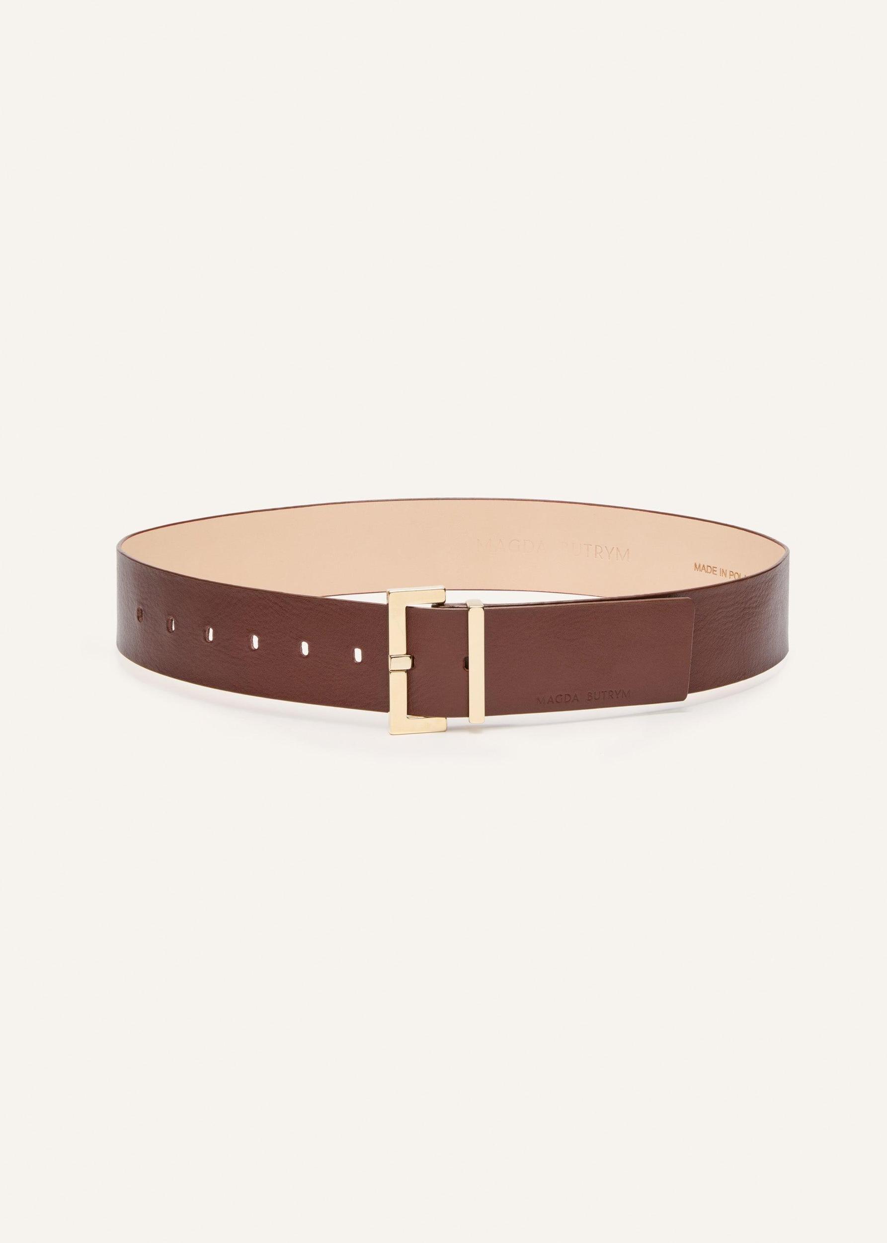 Minimalist brown leather belt in gold Product Image