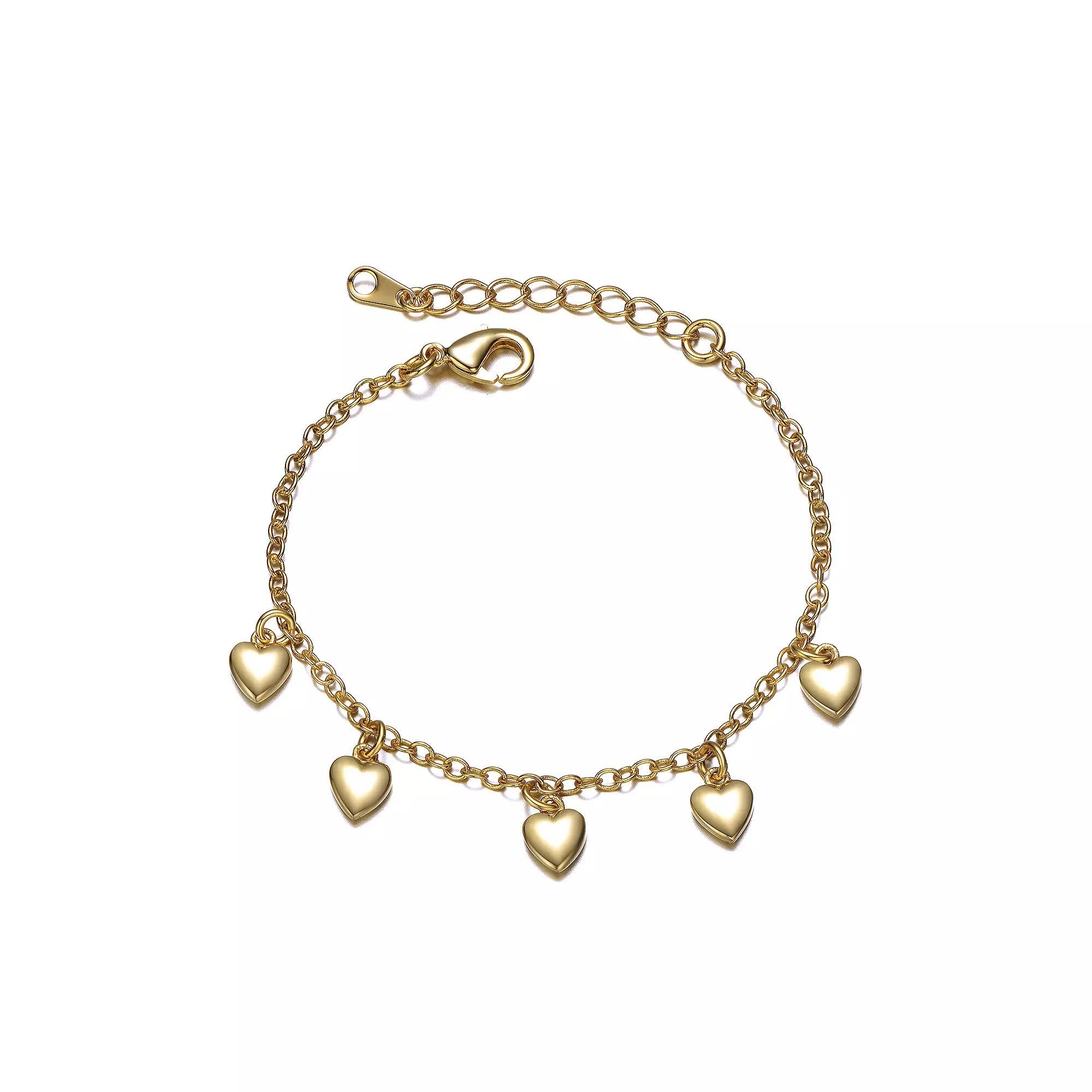 Kids 14K Gold Plated Dangling Heart Charm Bracelet, Womens Gold Tone Product Image