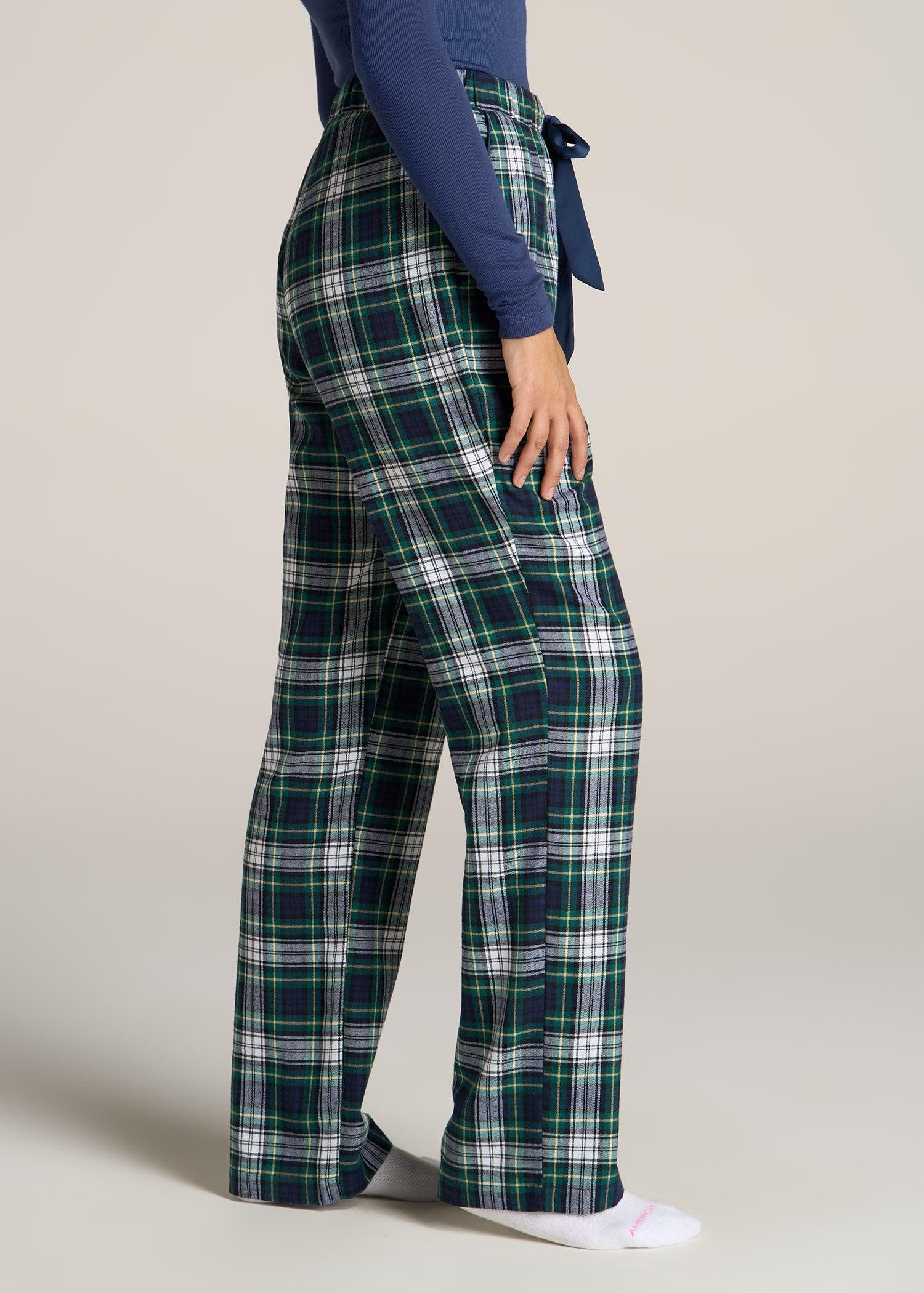 Open-Bottom Flannel Women's Tall Pajama Pants in Green and Navy Tartan Product Image
