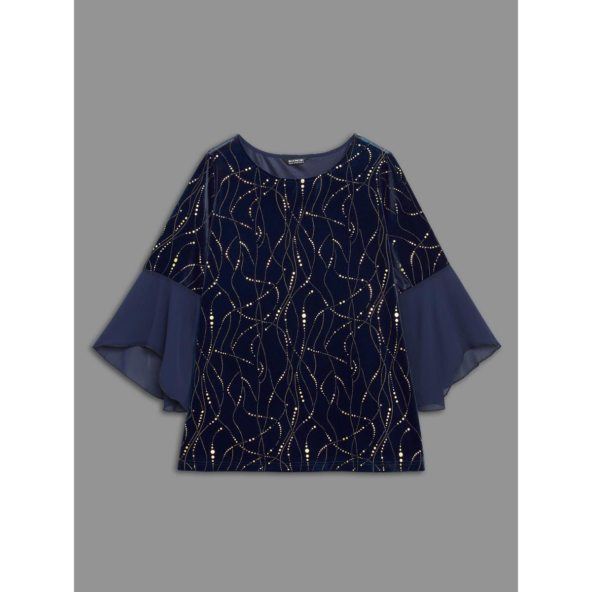 Plus Size Indigo Velvet Glitter Mesh Bell Sleeve Patchwork Blouse Women Cocktail Elbow-length sleeve Round Neck Party Blouses BloomChic 26/4X Product Image