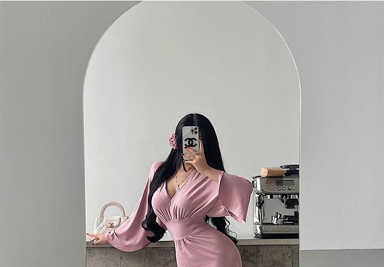 Long Sleeve V-Neck Plain Gathered Slit Maxi Sheath Dress Product Image