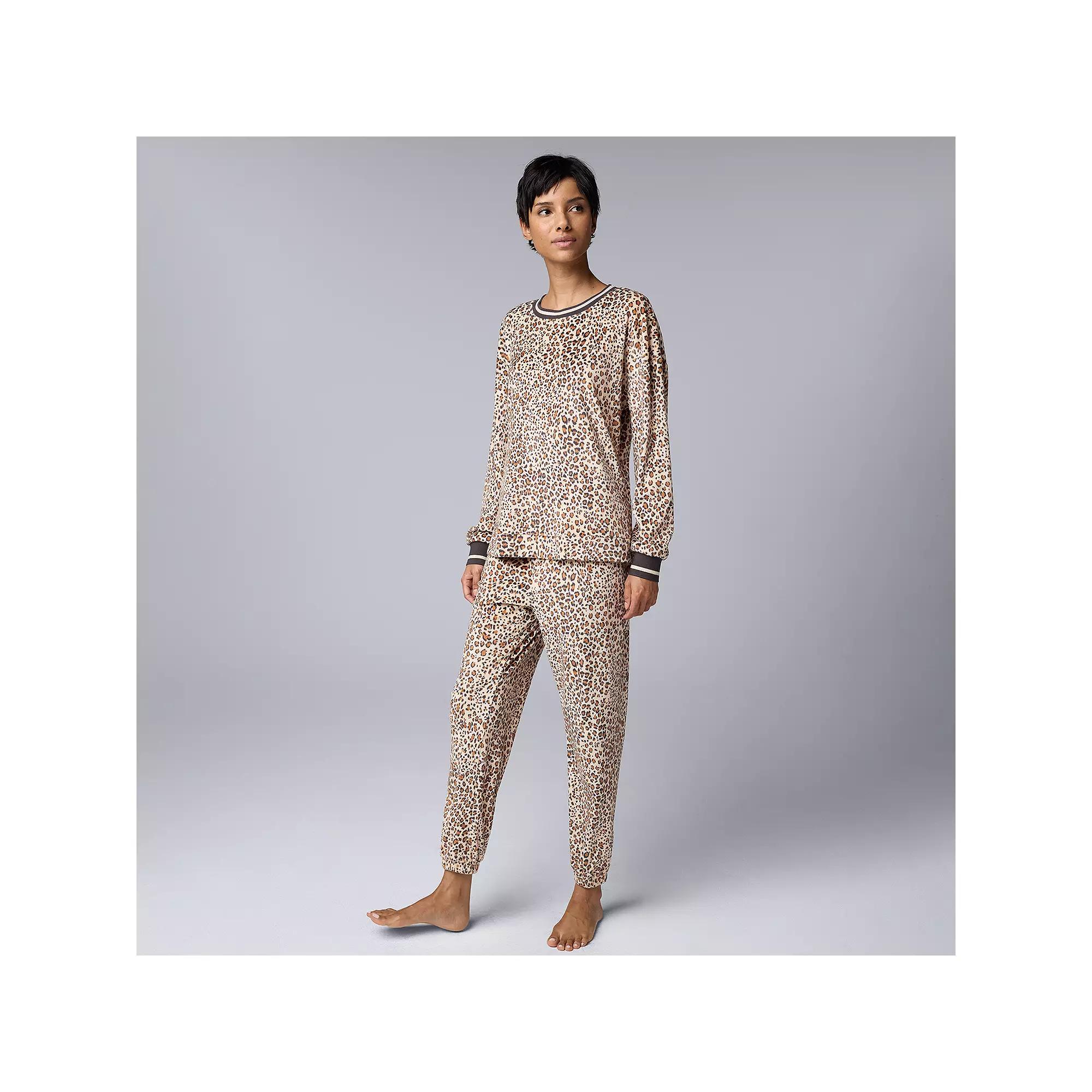 Women's Simply Vera Vera Wang Long Sleeve Pajama Top & Pajama Bottoms Set, Size: XS Long, Natural Animal Product Image