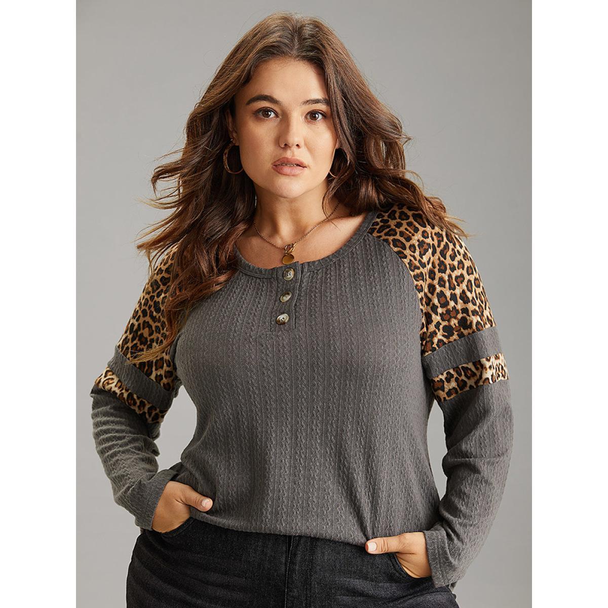 Plus Size Leopard Patchwork Contrast Jacquard T-shirt DimGray Women Casual Contrast Leopard Open Front Dailywear T-shirts BloomChic 26/4X Product Image
