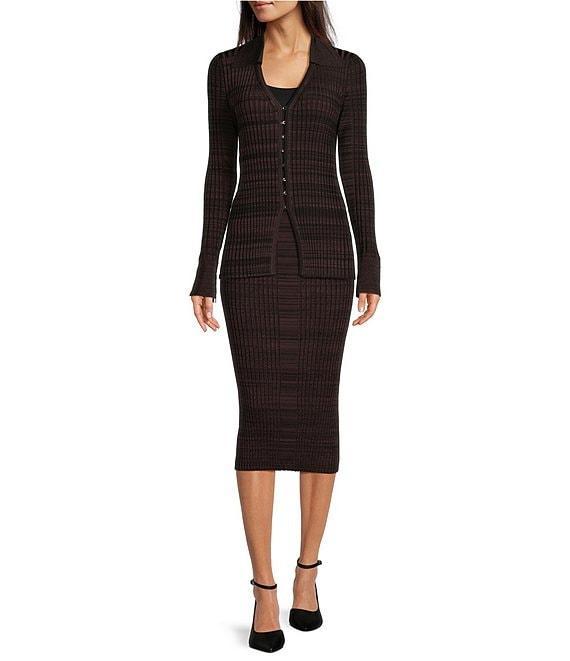 BOSS by Hugo Boss Focinta Solid Stretch Ribbed Knit Point Collar V-Neck Long Sleeve Cardigan Product Image