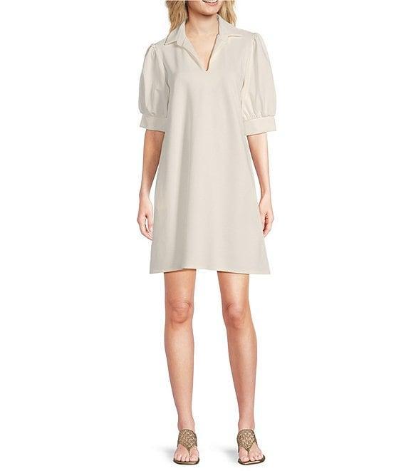 Jude Connally Emerson Jude Ponte Knit Collared V-Neck Puffed Sleeve Shift Dress Product Image