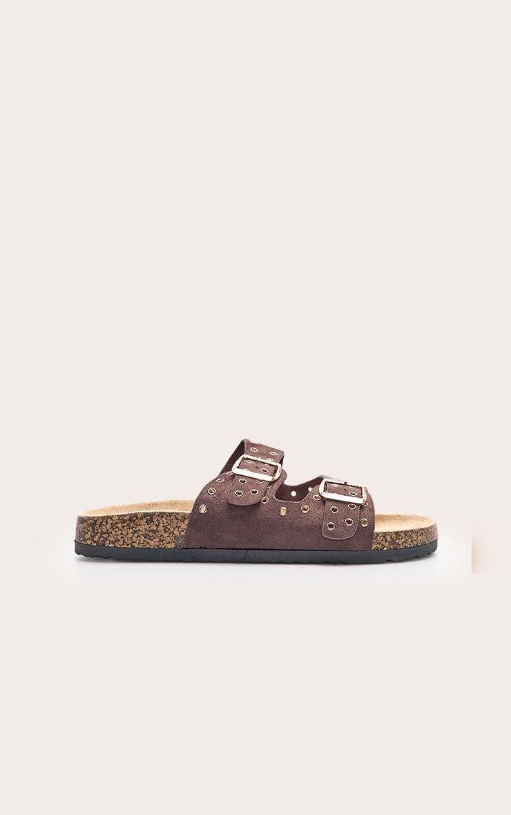 Brown Faux Suede Double Buckle Eyelet Footbed Sandals Product Image