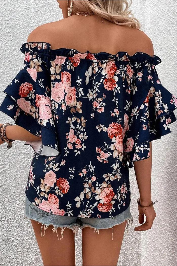 Blue Ruffle Off Shoulder Flounce Sleeve Floral Blouse Product Image