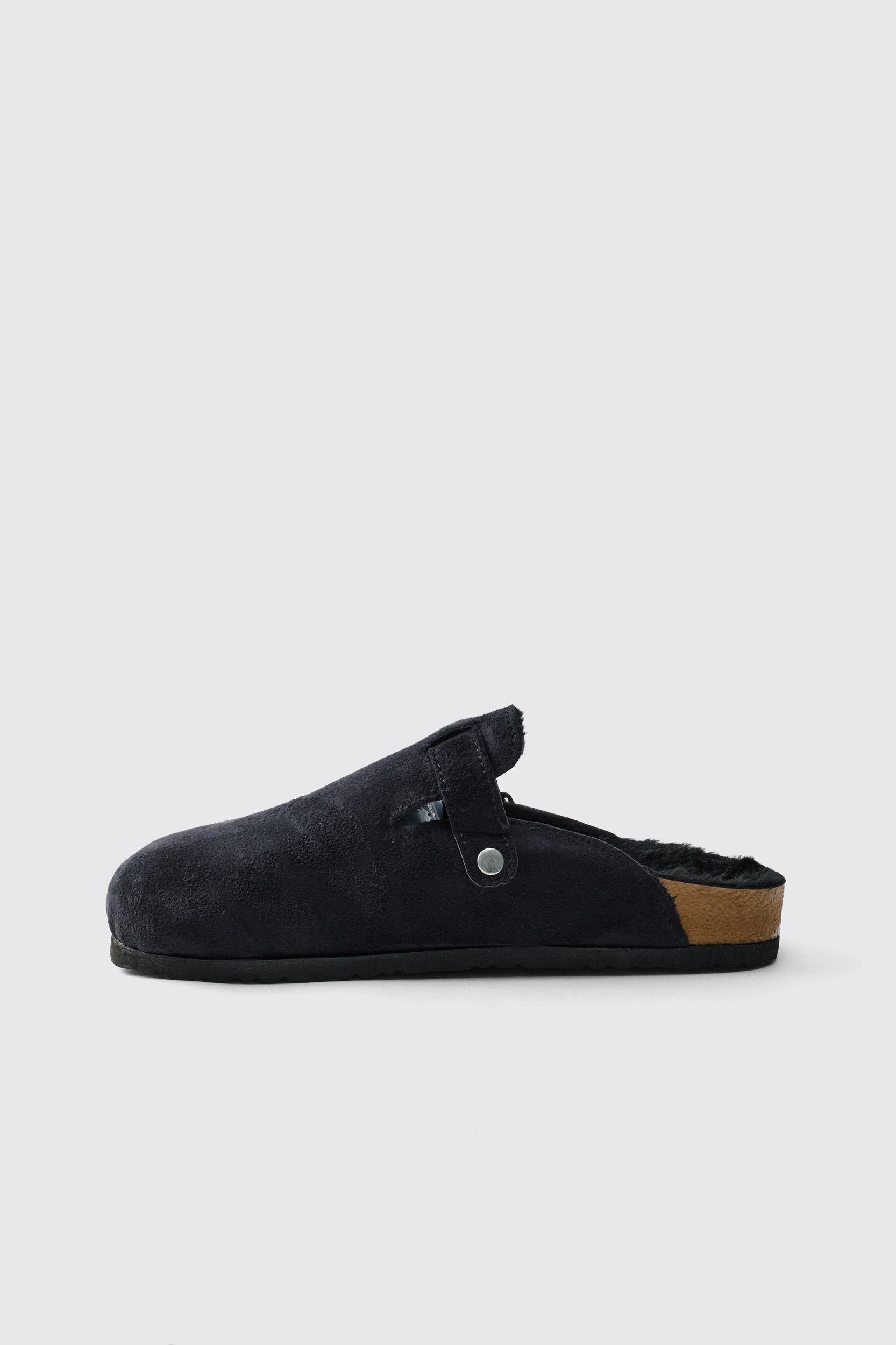 Faux Suede Sherpa Lined Mule In Black | boohooMAN USA Product Image