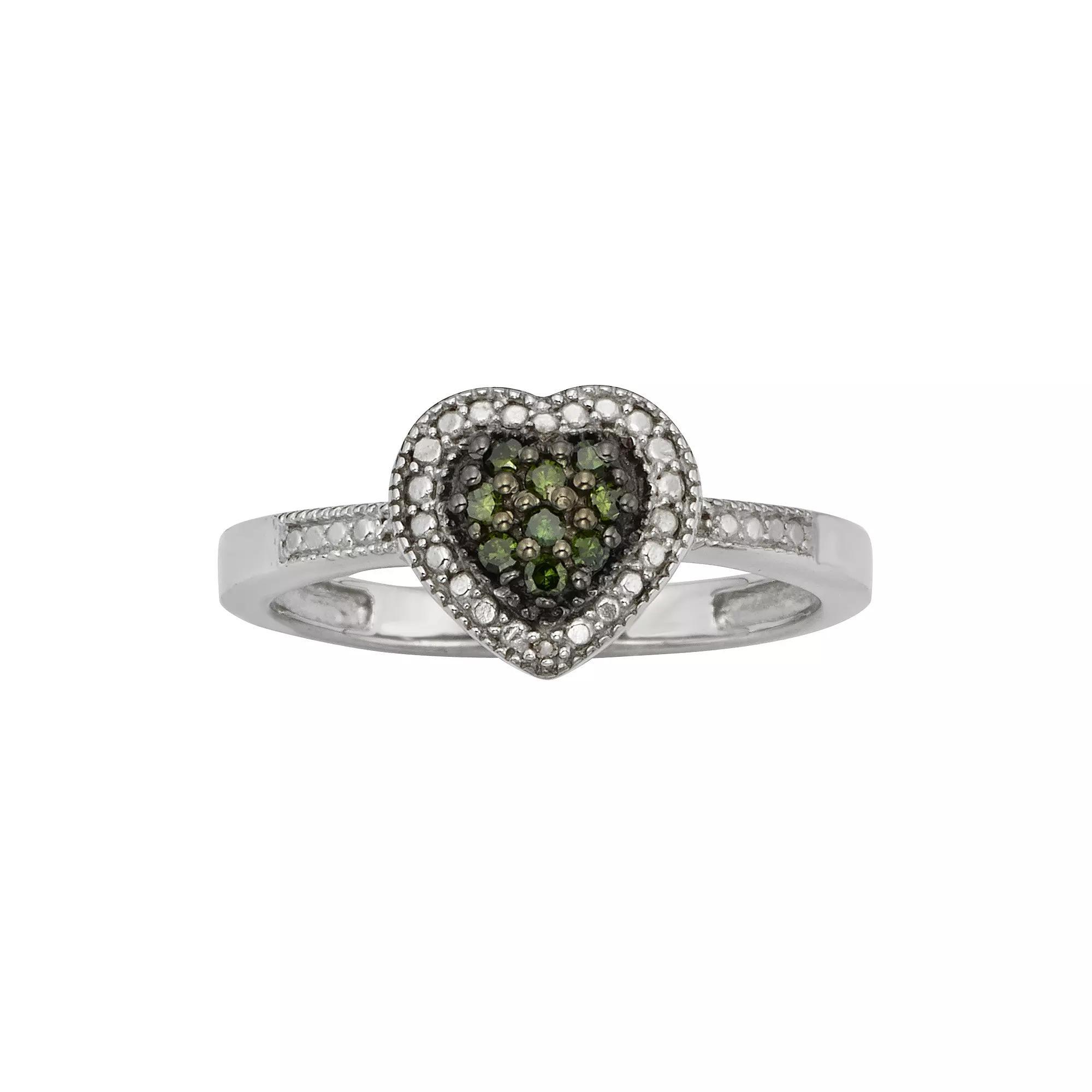 Jewelexcess Sterling Silver 1/10-ct. T.W. Green & White Diamond Heart Ring, Women's, Size: 8 Product Image