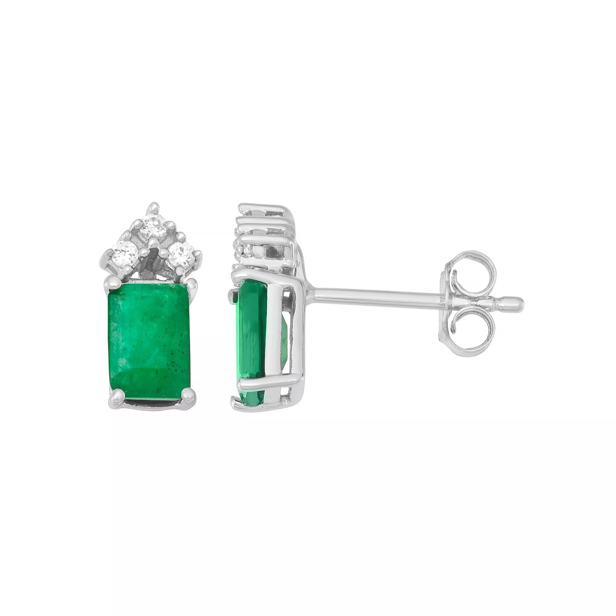 10k White Gold Emerald & 1/10 Carat T.W. Diamond Stud Earrings, Women's Product Image