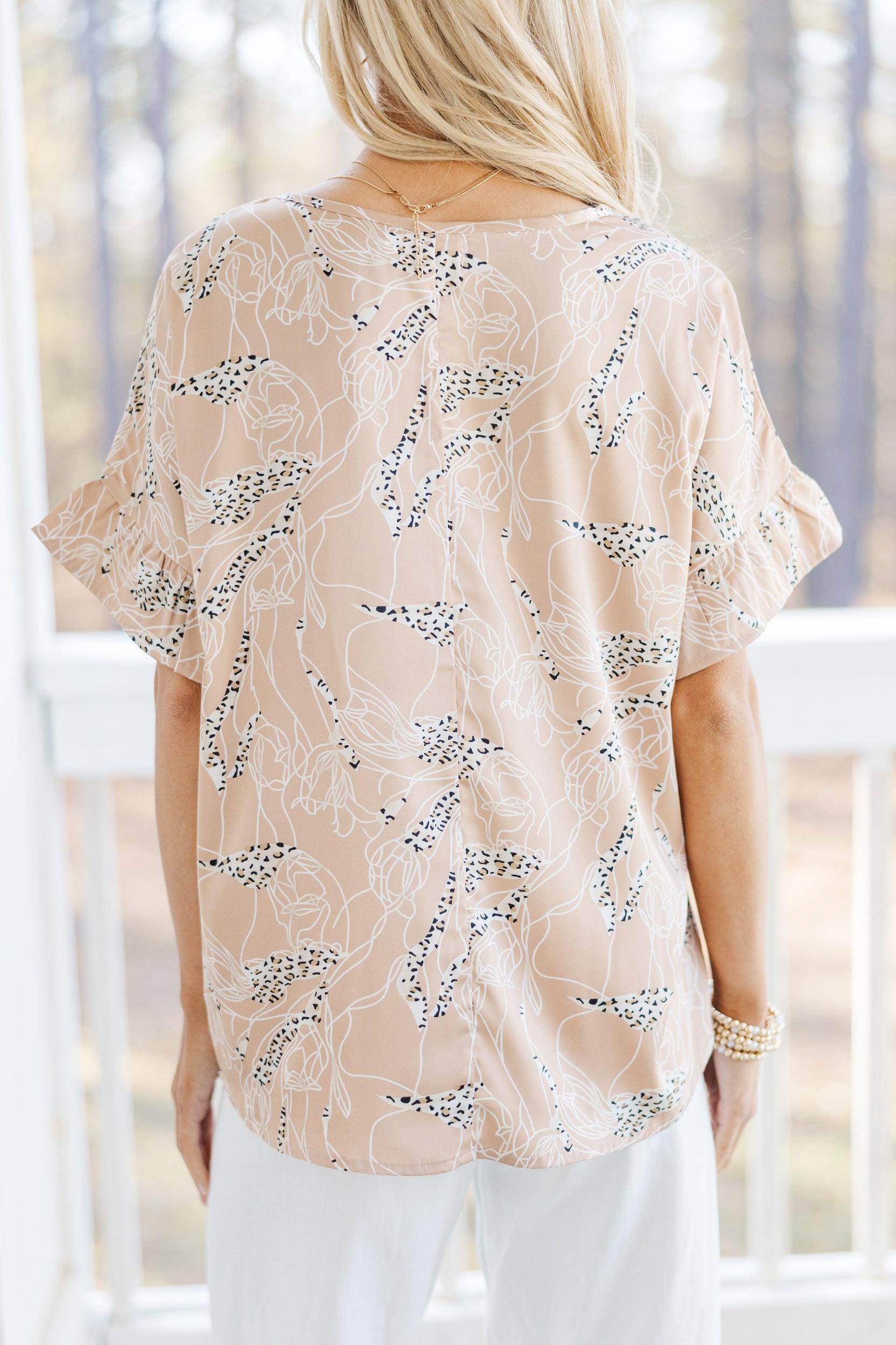 All I Ask Taupe Brown Leopard Print Ruffled Top Female Product Image