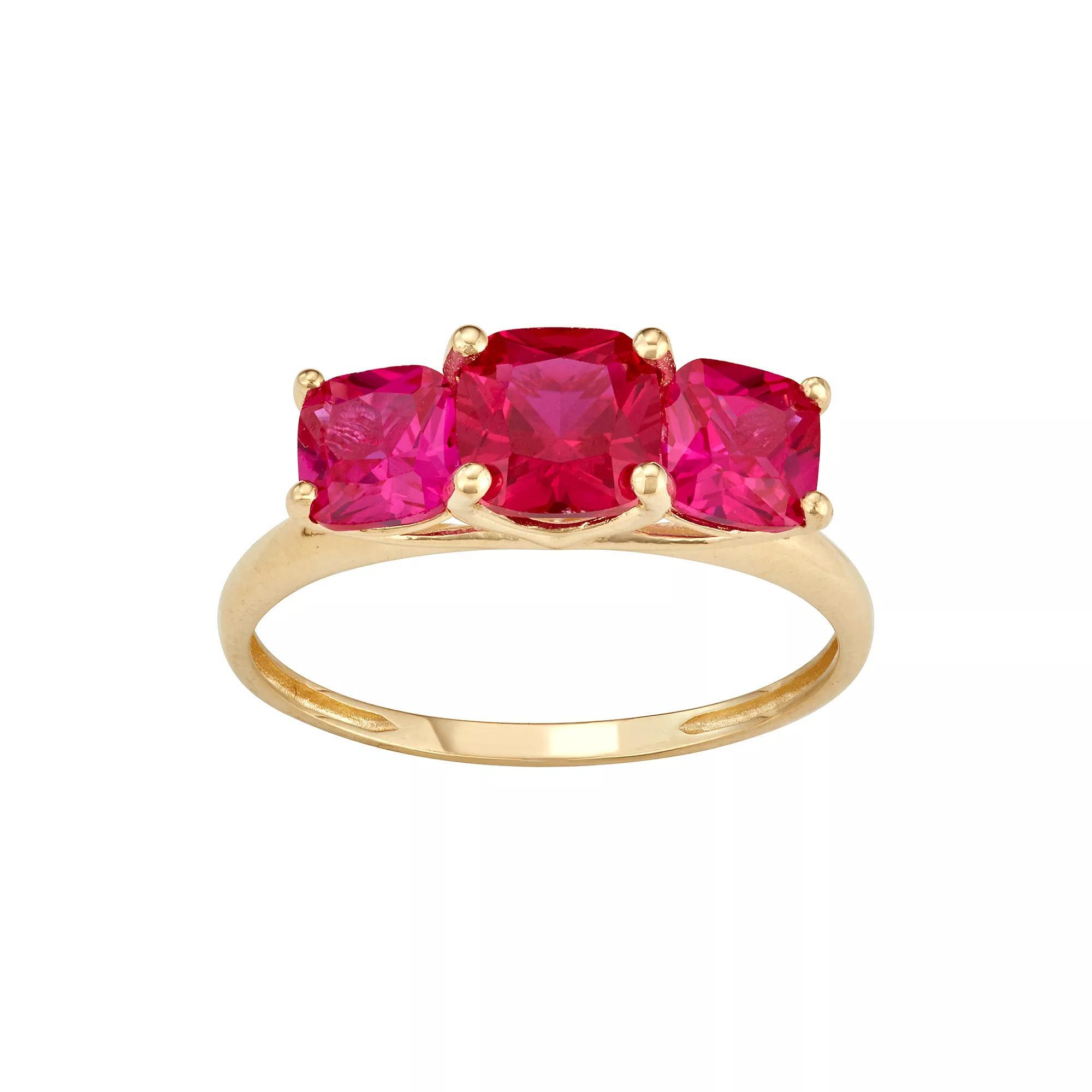 Designs by Gioelli 10k Gold 3-Stone Cushion Ring, Women's, Size: 9, Red Product Image