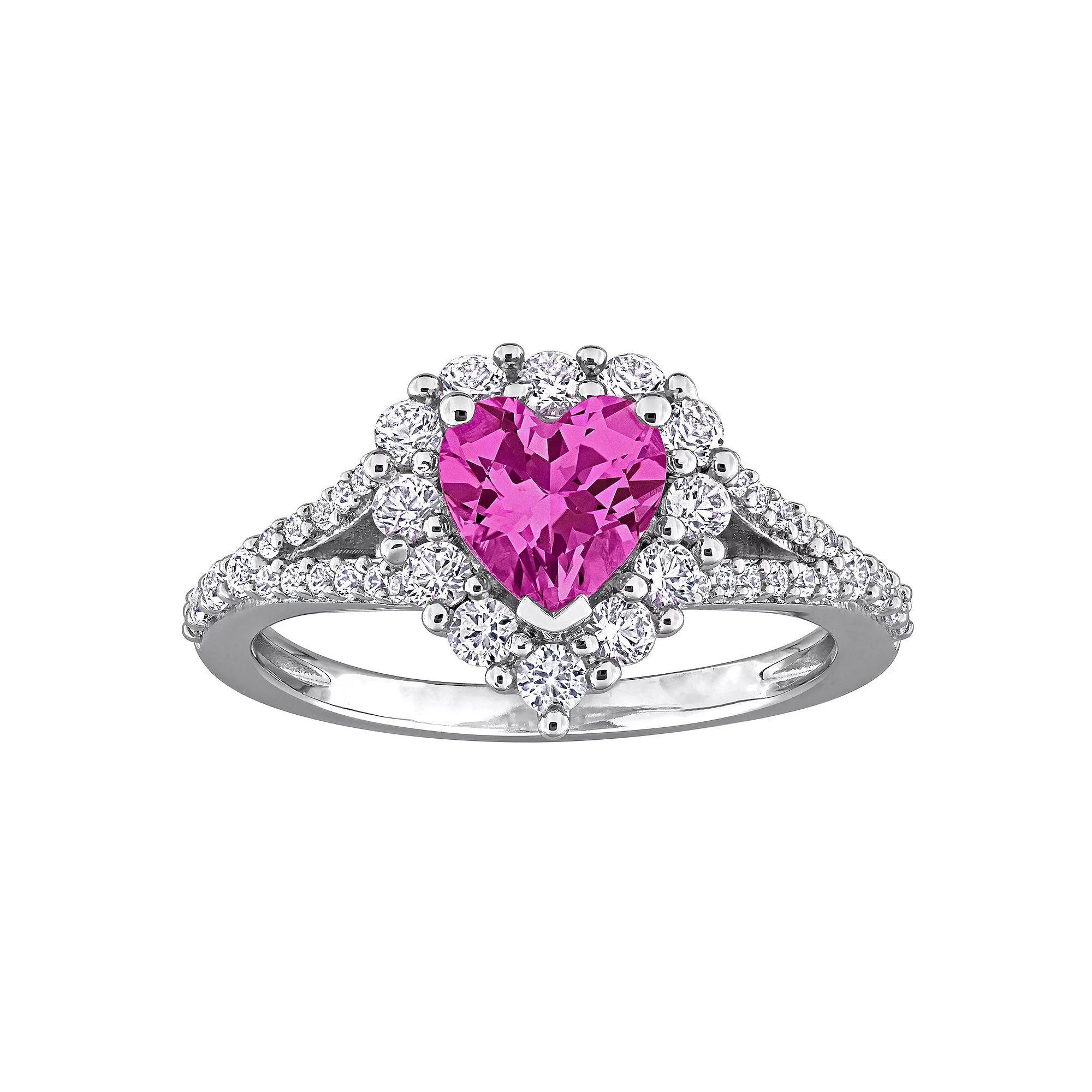 Stella Grace Sterling Silver Lab-Created Pink Sapphire & Lab-Created White Sapphire Halo Heart Engagement Ring, Women's, Size: 5 Product Image