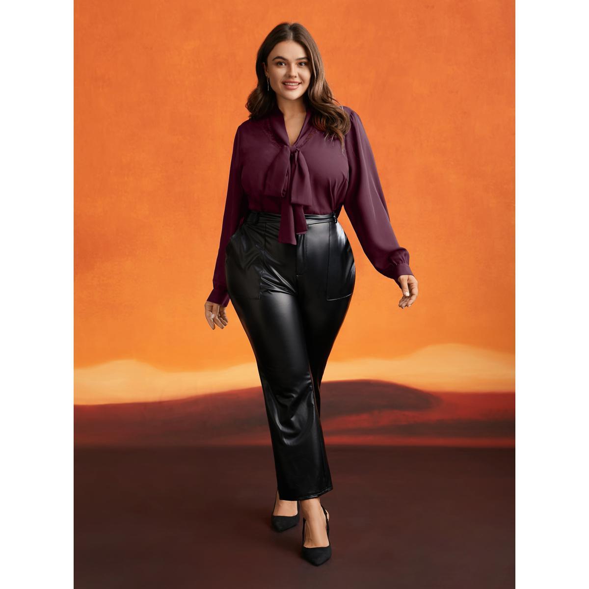 Plus Size Plum Lace-Trimmed Adjustable Ties Blouse Women Elegant Long Sleeve Ribbon-tied collar Everyday Blouses BloomChic 14-16/1X Product Image