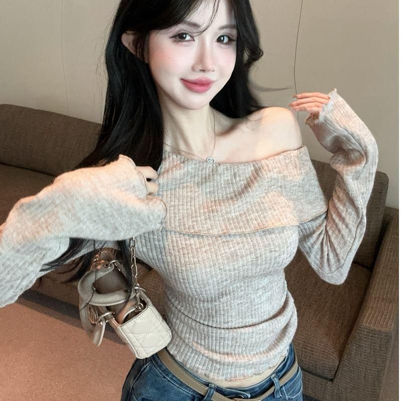 Off Shoulder Long-Sleeve Plain Ribbed Knit Crop Top Product Image