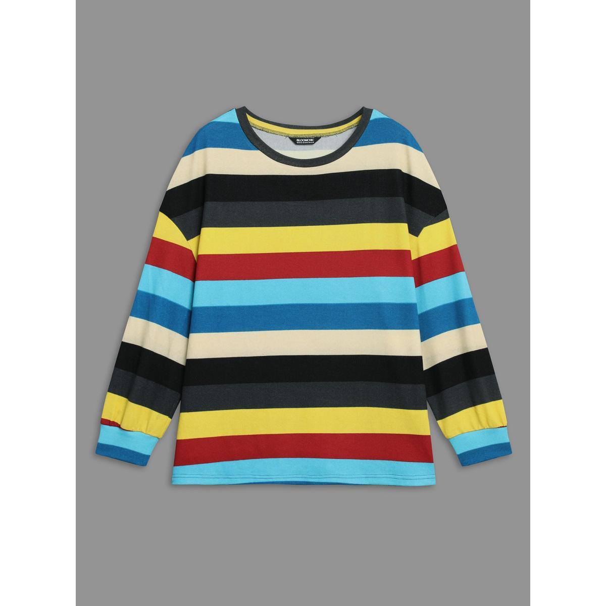 Plus Size Multi-Color Striped Stretchy Crew Neck T-shirt Multicolor Women Casual Contrast Round Neck Loose Everyday T-shirts BloomChic 26/4X Product Image
