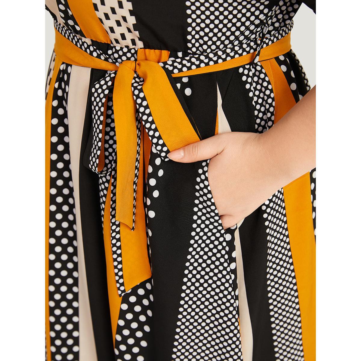 Plus Size Polka Dot Patchwork Striped Belted Notched Dress Orange Women Office Contrast Notched collar Short sleeve Curvy Midi Dress BloomChic 28/5X Product Image