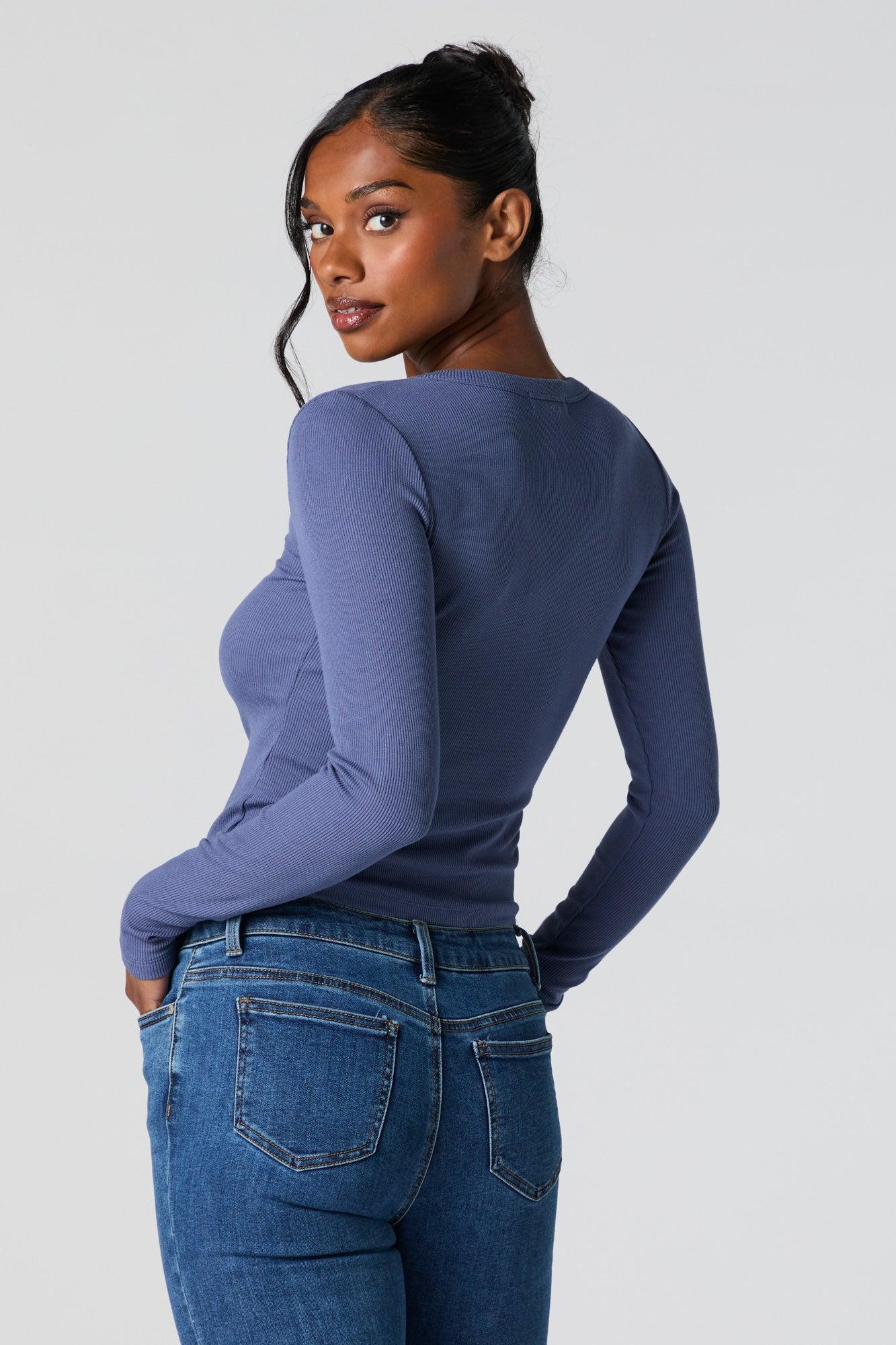 Ribbed Henley Long Sleeve Top Female Product Image