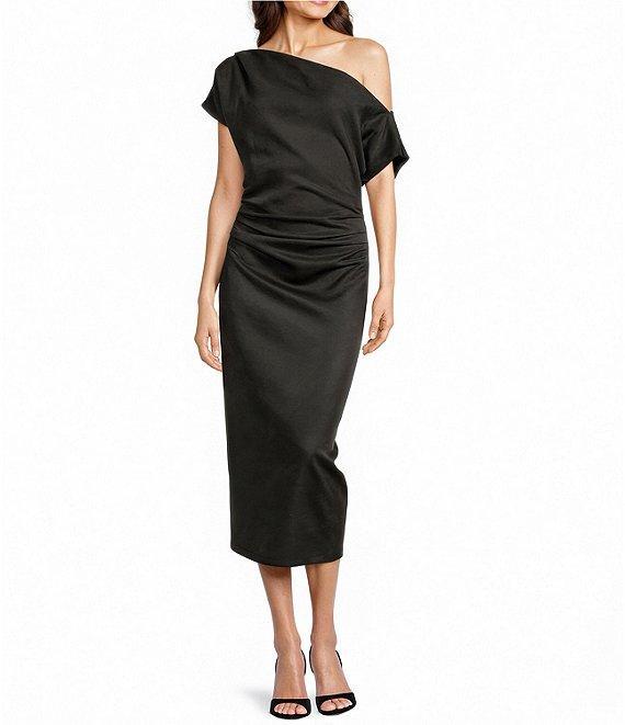 Gibson & Latimer Faux Suede Asymmetric Neck One Shoulder Off-The-Shoulder Short Sleeve Ruched Sheath Midi Dress Product Image