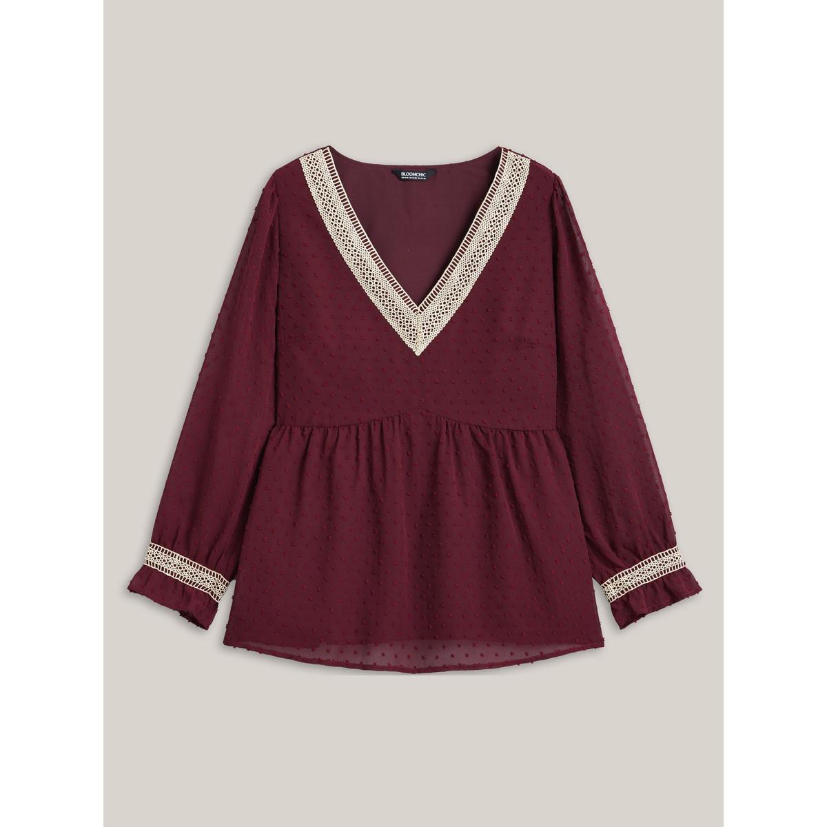 Plus Size Burgundy Contrast Webbing Cut-Out Stretchy-Waist Blouse Women Elegant Extra Long Sleeve V-neck Everyday Blouses BloomChic 12/L Product Image