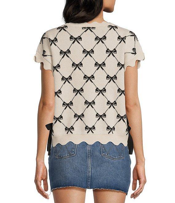 Blu Pepper Bow Pattern Knit Short Sleeve Tie Side Sweater Product Image