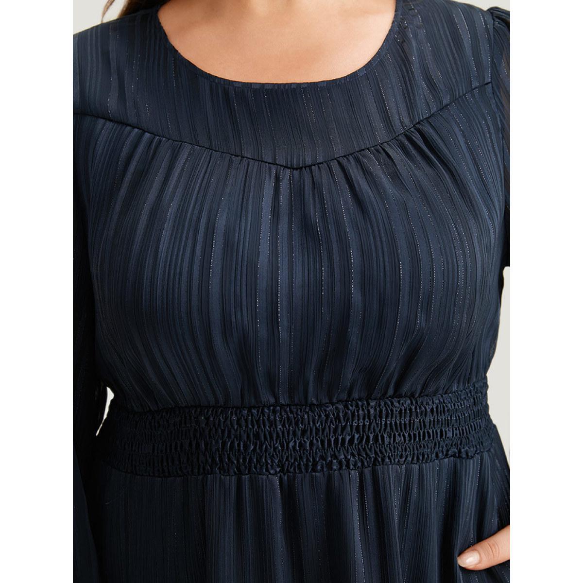 Plus Size Plisse Shirred Pocket Lantern Sleeve Dress DarkBlue Women Elegant Elastic cuffs Round Neck Long Sleeve Curvy Midi Dress BloomChic 28/5X Product Image