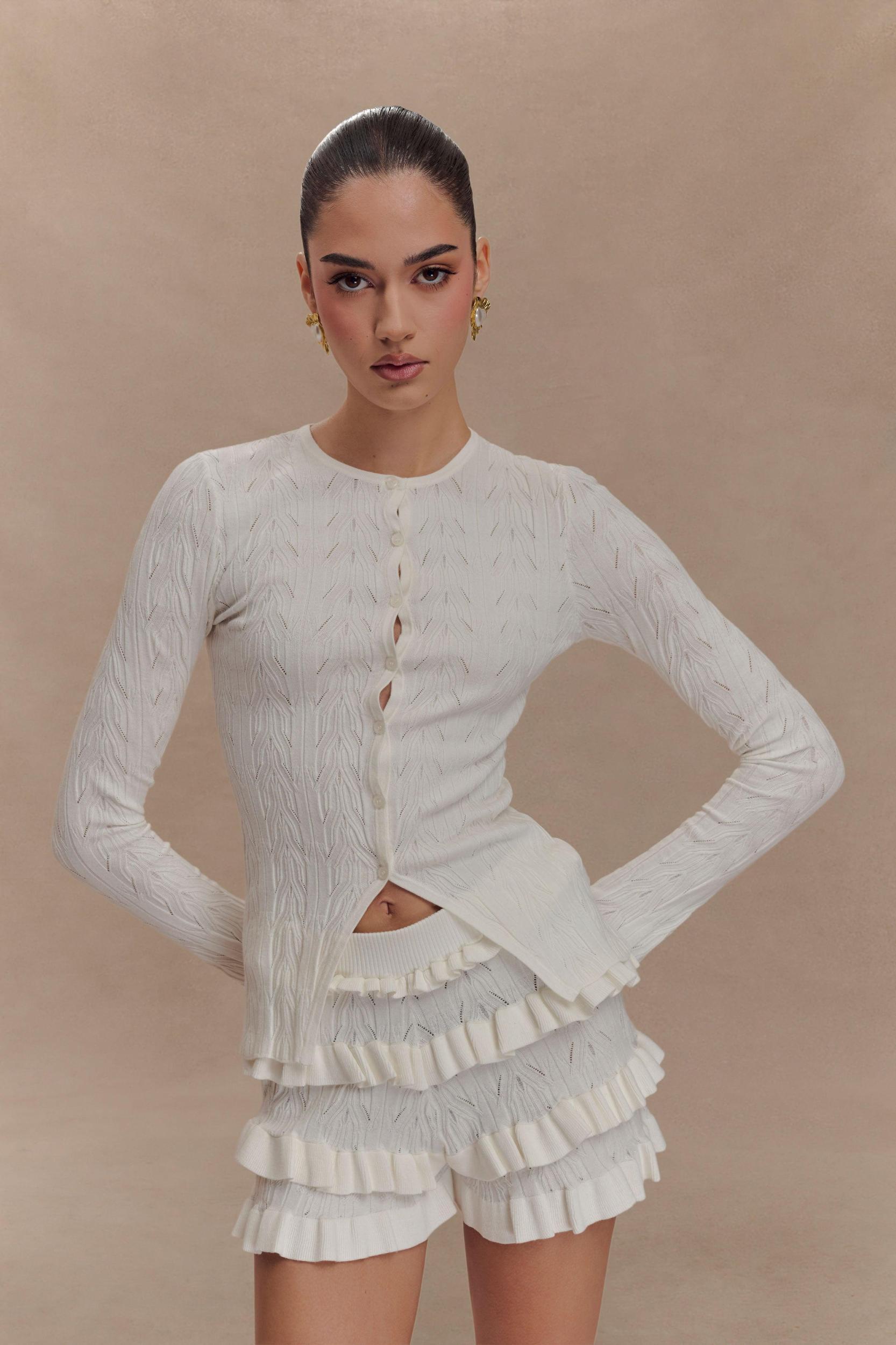 Amy Pointelle Bell Sleeve Cardigan - Ivory Product Image