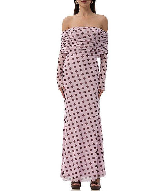 AFRM Thelma Dot Print Off-The-Shoulder Long Sleeve Mesh Maxi Dress Product Image