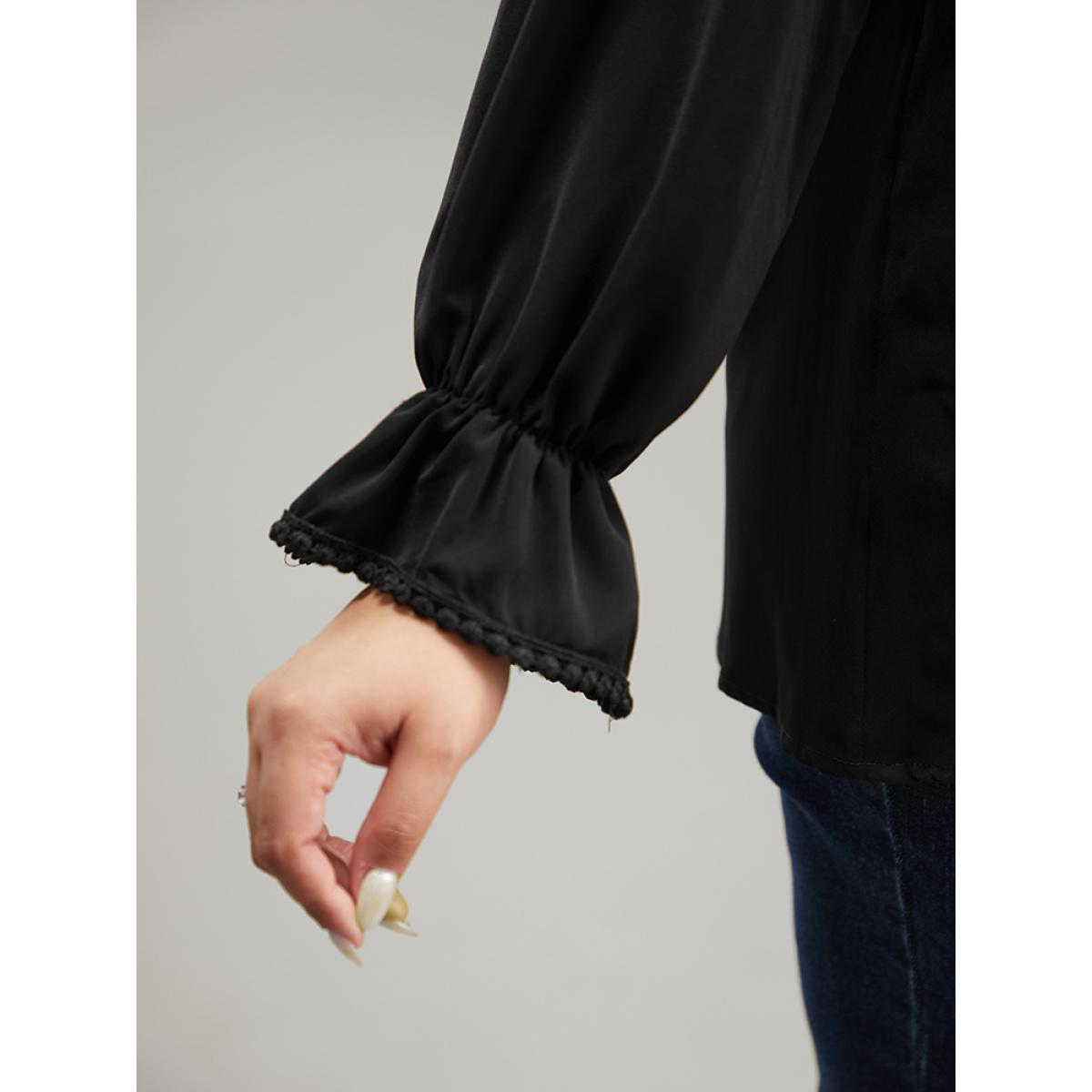 Plus Size Black Anti-Wrinkle Solid Lace Panel Lantern Sleeve Blouse Women Elegant Long Sleeve Round Neck Dailywear Blouses BloomChic 12/L Product Image