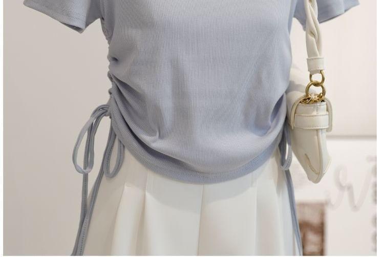 Short-Sleeve Crew Neck Plain Lace Up T-Shirt Product Image